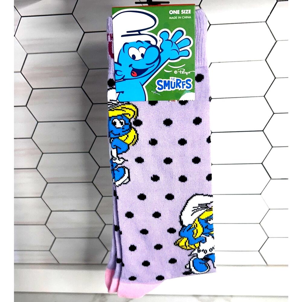 Vintage-Inspired The Smurfs Crew Socks Lilac Polka Dot Smurfette Design US 7–12